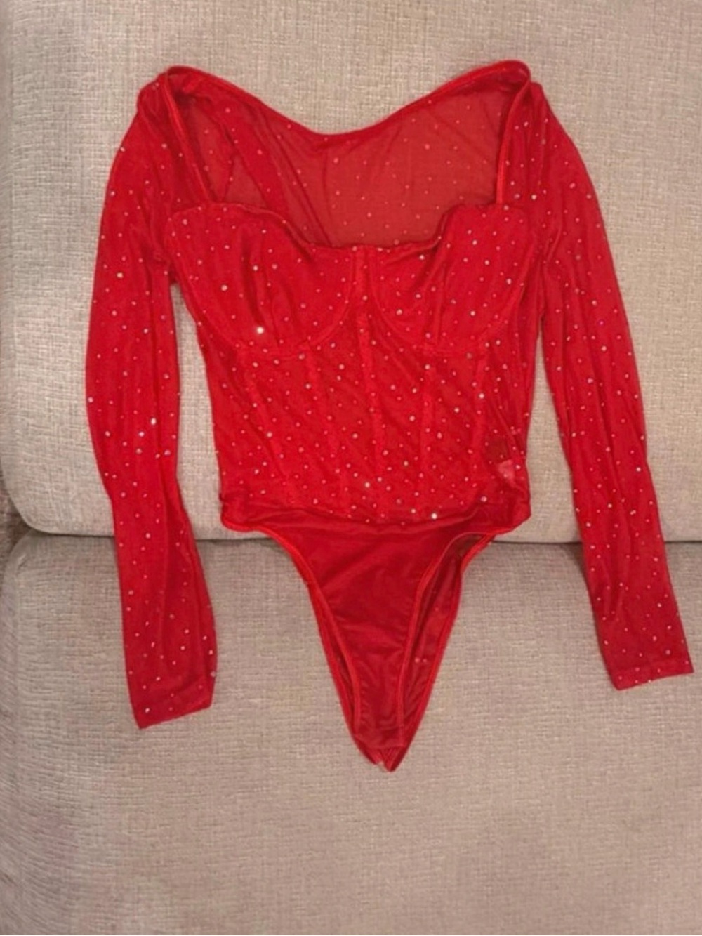 Red Long-Sleeve Sparkle Bodysuit for Women